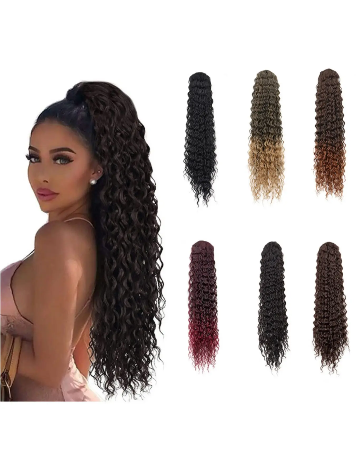 24 Inch Deep Curly Drawstring Ponytail Extensions For Women Synthetic Hair Wrap Around Ponytail Multiple Colors Daily Hair Accessories