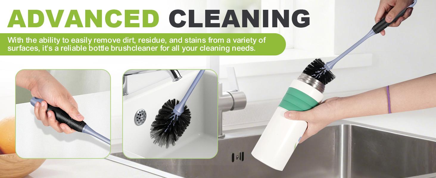 Long Handle Bottle Brush Set, 2-Pack Flexible Nylon Scrub Brushes for Reusable Water Bottles, Cleaner for Thermos, Tumblers, Glassware & Mugs - Black