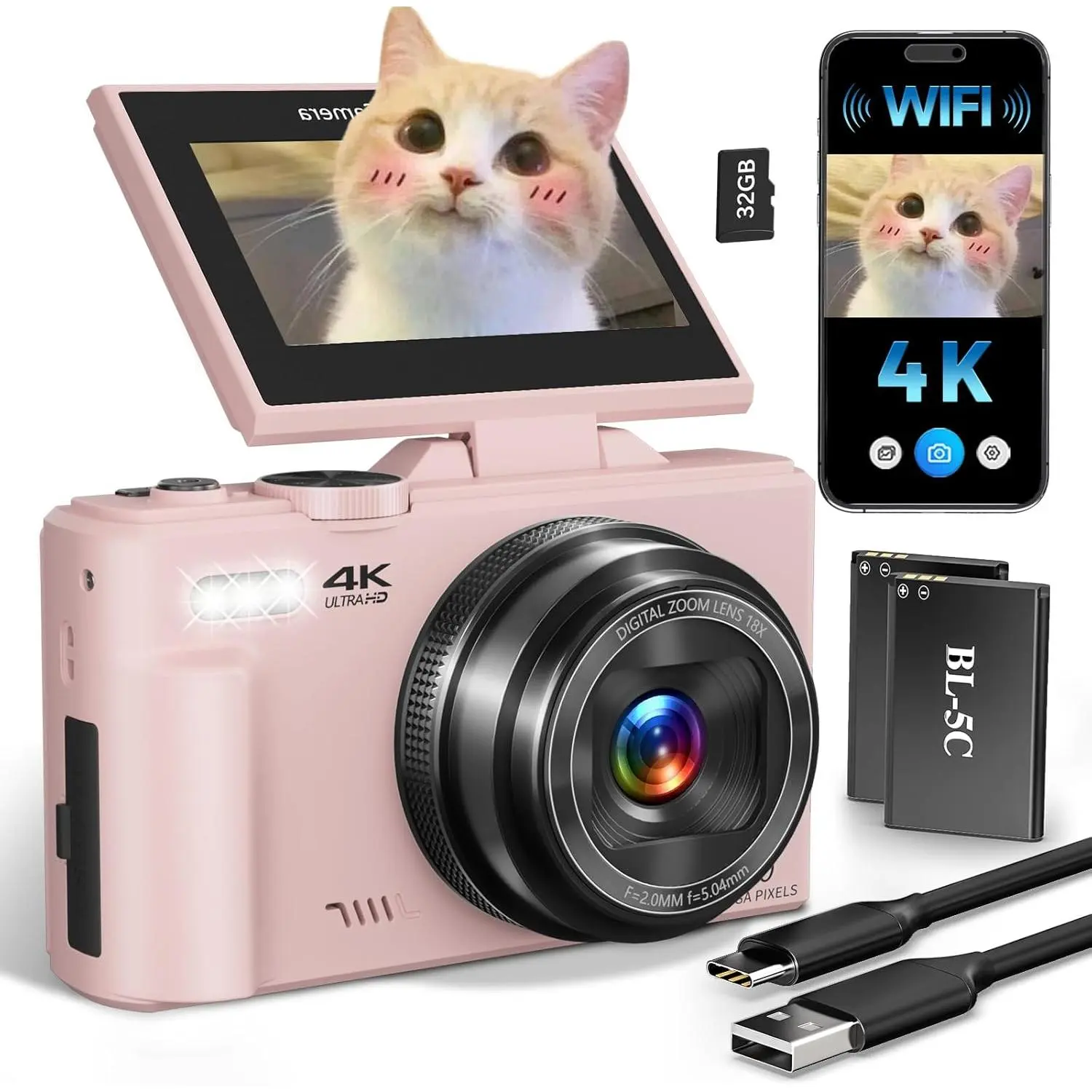 4K Digital Camera for Beginners & Teens, Compact Vlogging Camera with 180° Flip Screen, Autofocus, Easy-to-Use for Travel & YouTube, 18X Zoom, WiFi, 2 , 32GB Card