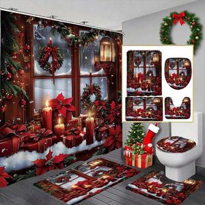 christmas bathroom curtain set with festive design, includes bath mat toilet lid cover u-shaped pad, perfect holiday gift for home decor