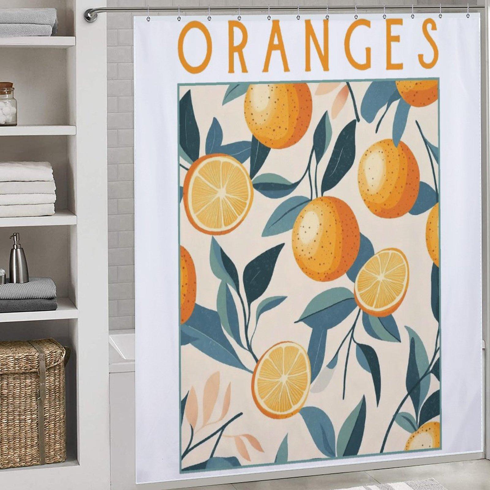 Vintage Orange Fruit Shower Curtain, Citrus Botanical Leaf Print Bathroom Decor, Waterproof Polyester Bath Curtain with Hooks, Summer Fresh Aesthetic Accessory
