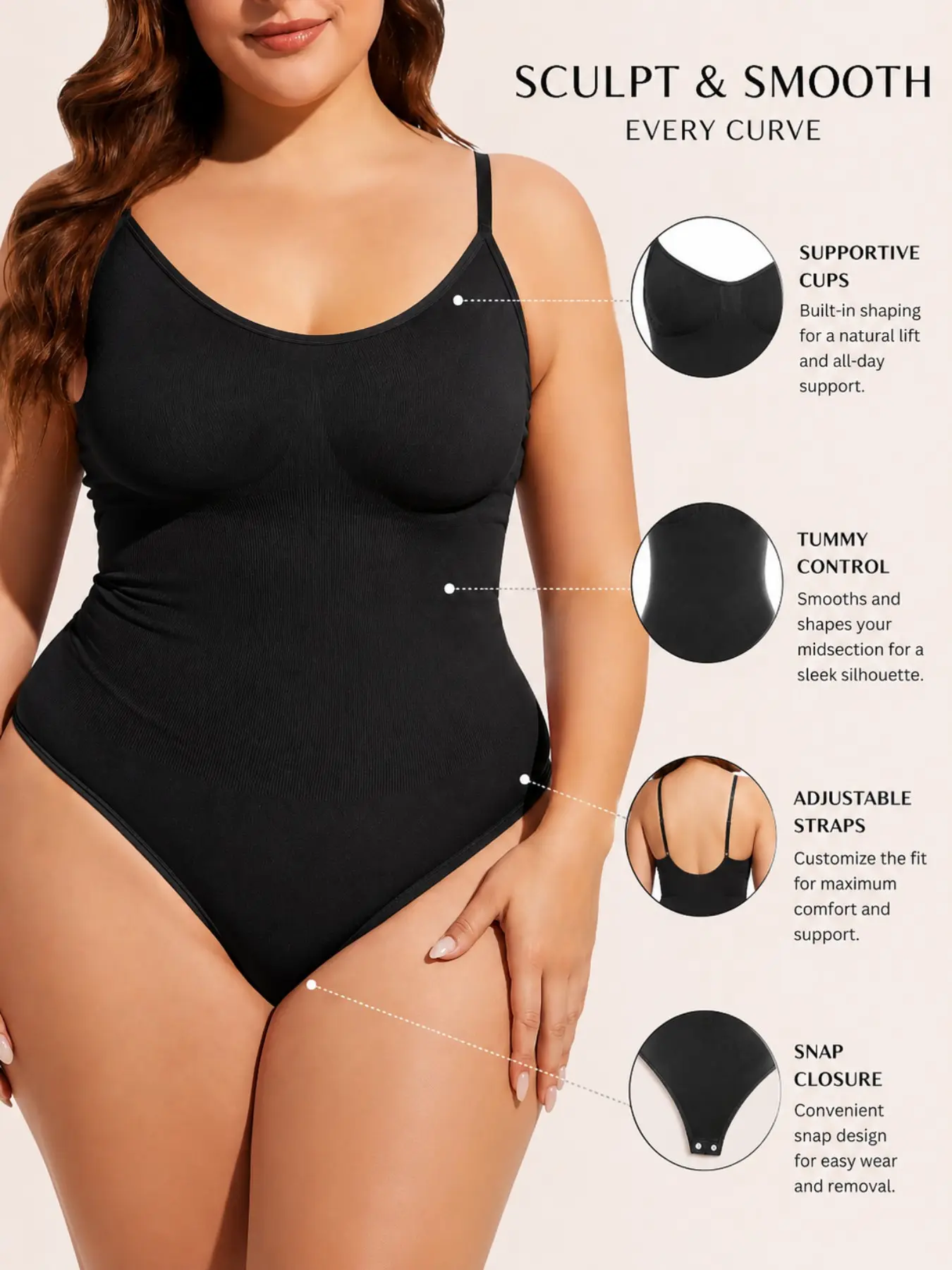 Women’s Seamless Shapewear Bodysuit, Tummy Control Compression One Piece Top with Molded Cup Support and Adjustable Straps, Smooth Body Shaper for Dresses and Jeans
