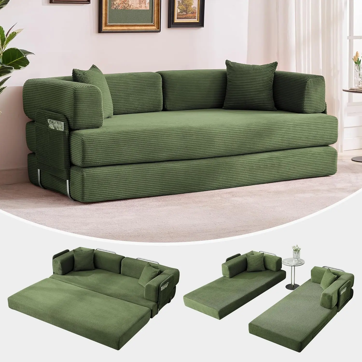 Garvee 5-in-1 Convertible Corduroy Sofa Bed – 78.8" Modular Folding Loveseat – Adjustable Armrest & Backrest, Space-Saving Floor Sleeper with Pillows – Perfect for Living Room