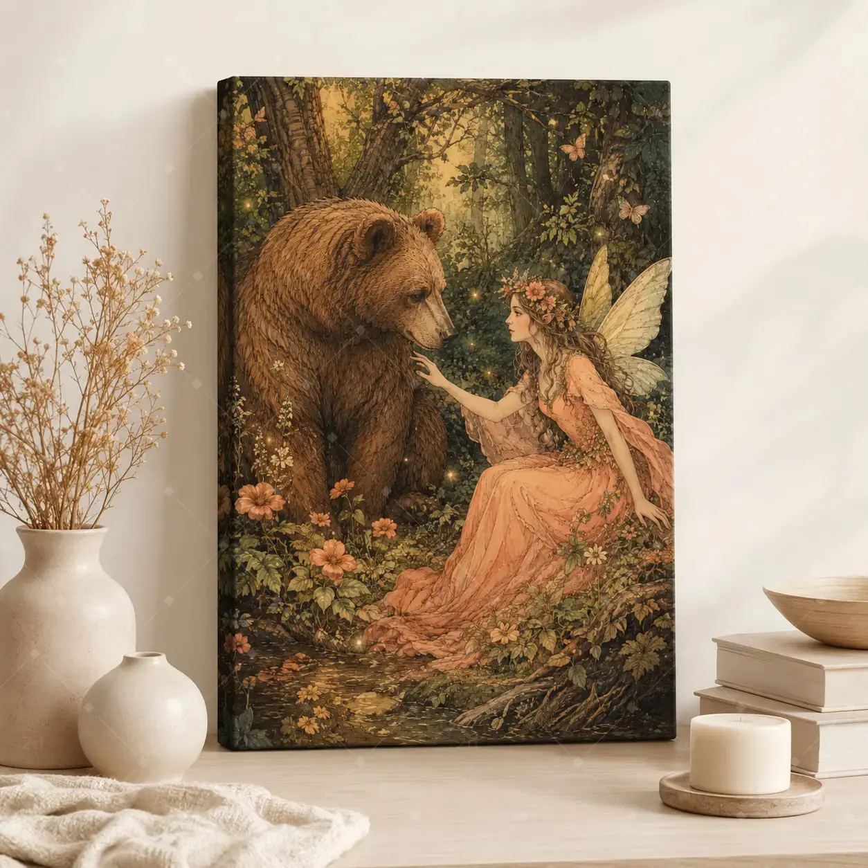 Magical Enchanted Forest Fairy-Bear Canvas Wall Art - Whimsical Aesthetic Nature Art Home Supplies, Multi-Size Unframed Poster/Framed Canvas Wrap, Kid Room Floral Fantasy Decor, Thoughtful Gift