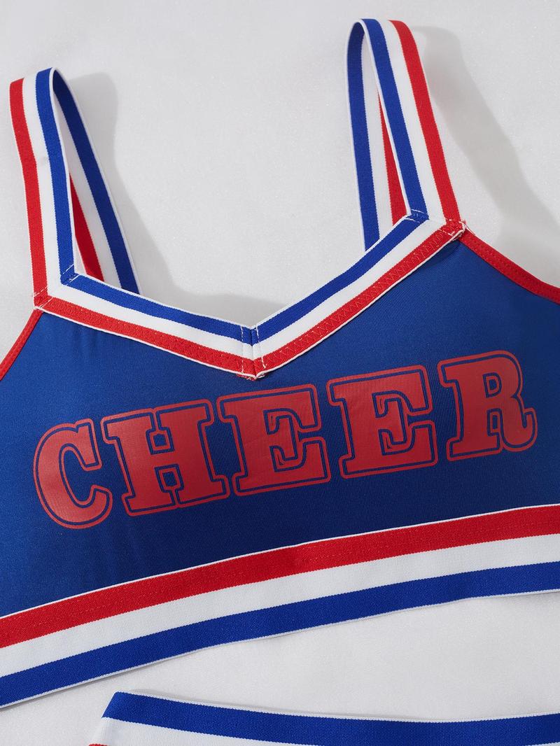 Women's Colorblock Cheerleading Uniform Set, Cheerleader Costume Set, Cute Bandeau Bra & Skirt Set for Cosplay Party, Ladies Underwear Set