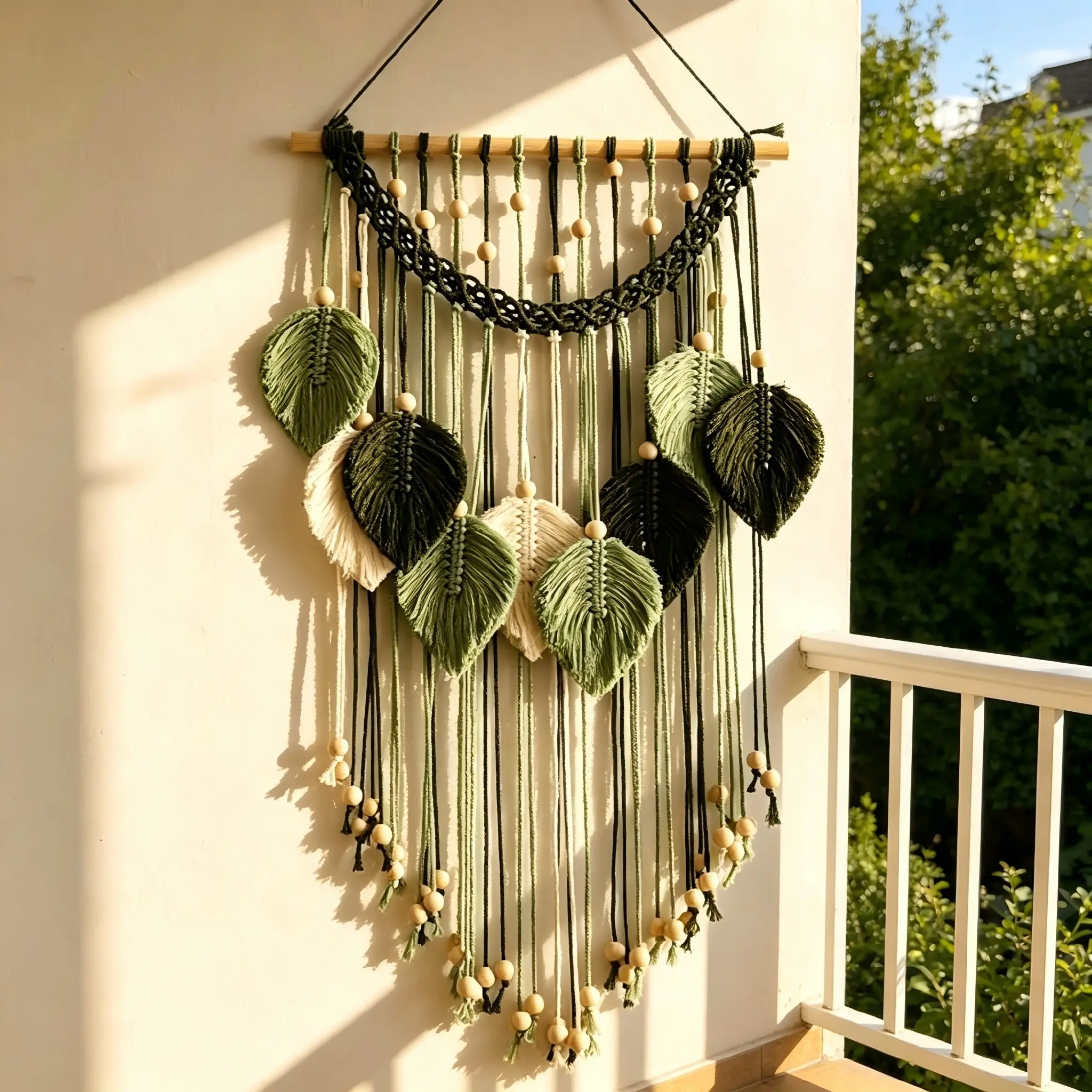 Handmade Woven Hanging Decor, Cotton Rope Wood Bead Leaf Tapestry, Bohemian Style Bedroom Living Room Bathroom Decoration, Earth Tone Seasonal Decor
