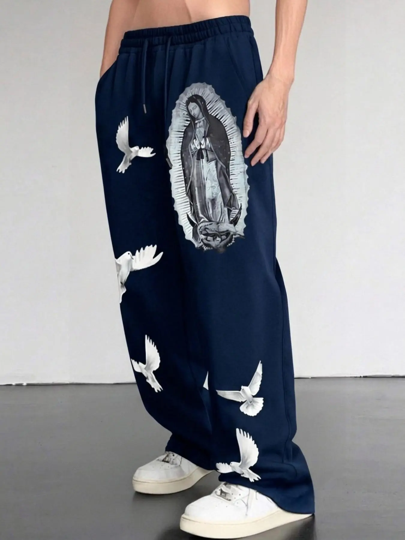 Men's Sweatpants, Gothic Virgin Mary & White Dove All Over Side Print, Loose Y2K Dark Street Style Drawstring Jogger Pants, Multiple Colors Available