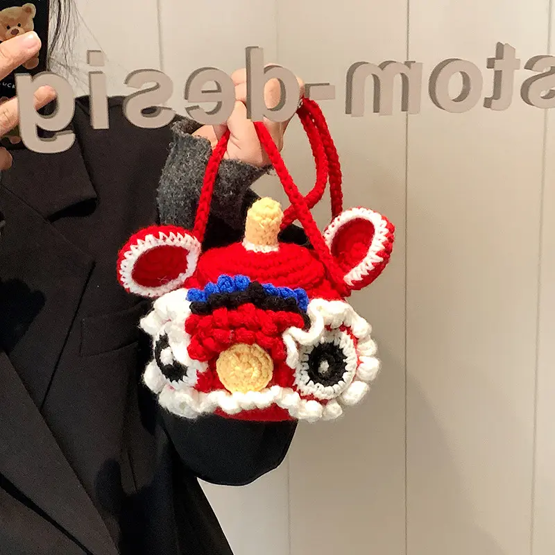 Hands-Free Crochet Phone Bag, Lion Dance-Inspired Crossbody Purse for Phone, Cards, Keys & Holiday Outings Lion Dance Crochet Mini Crossbody Bag, Cute Lunar New Year Phone Purse for Women Girls, Kawaii Festival Shoulder Bag