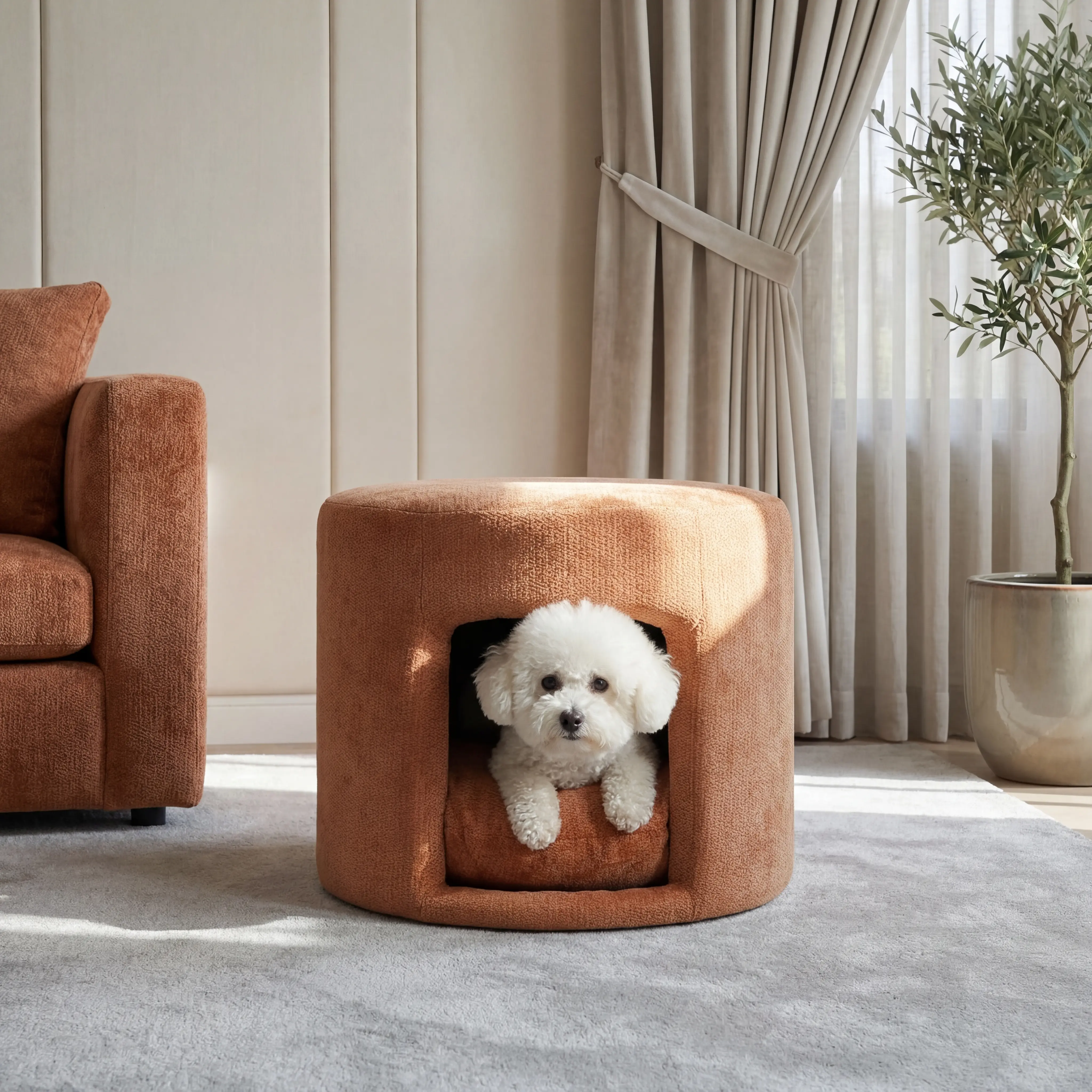 ARCH Orange Pet Friendly Ottoman with Removable Pet Cushion, Hidden Pet Nook, Acacia Wood Legs, 220 lbs Capacity, Upholstered Footrest Stool for Living Room, Pet Bed Storage, Durable Fabric, Home Furniture and Household Product Search Terms