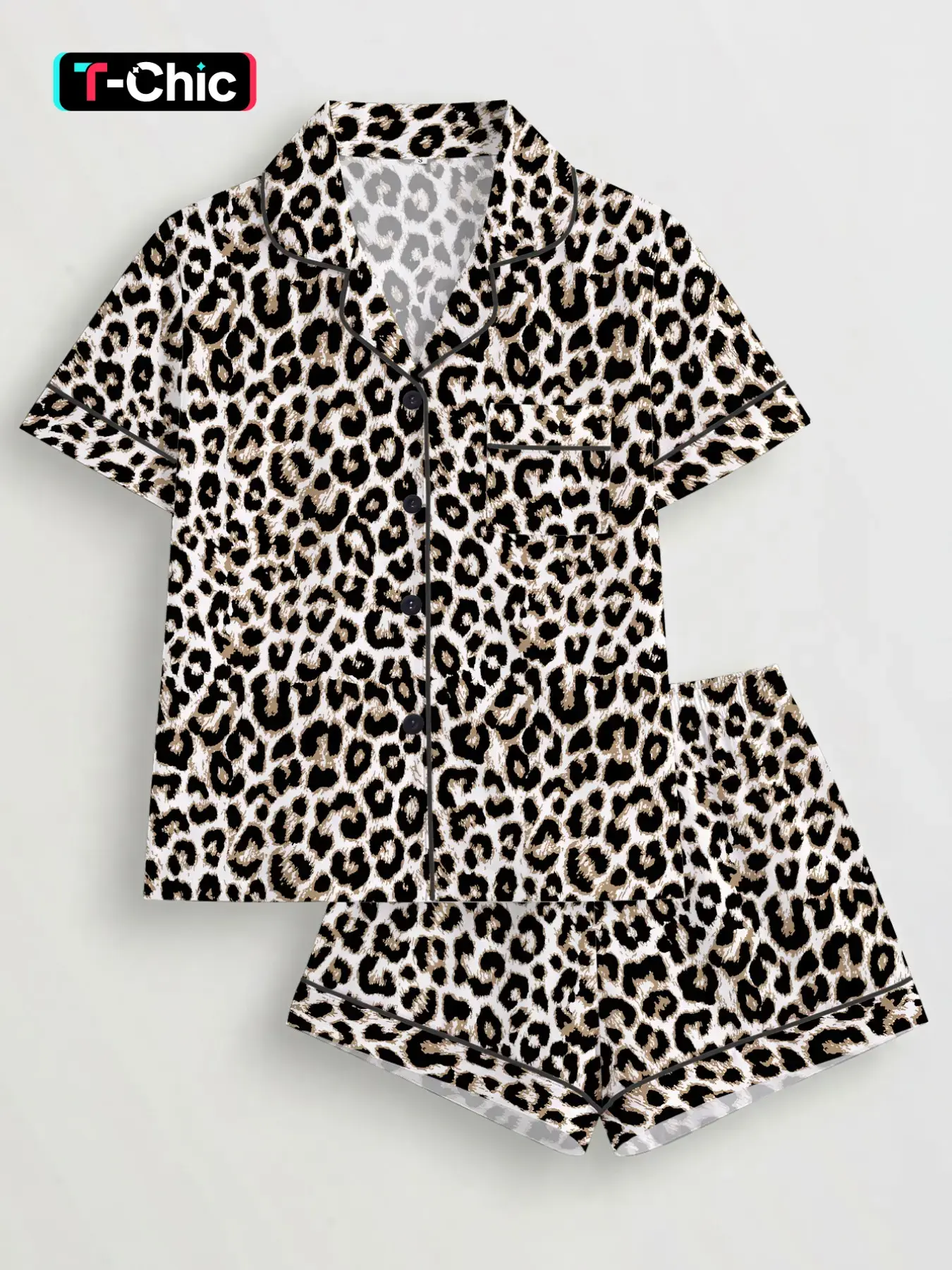 Summer Leopard Print Pajama Set for Women, Casual Collared Short Sleeve and Shorts Two-Piece Set, European and American Style Home Wear Loungewear