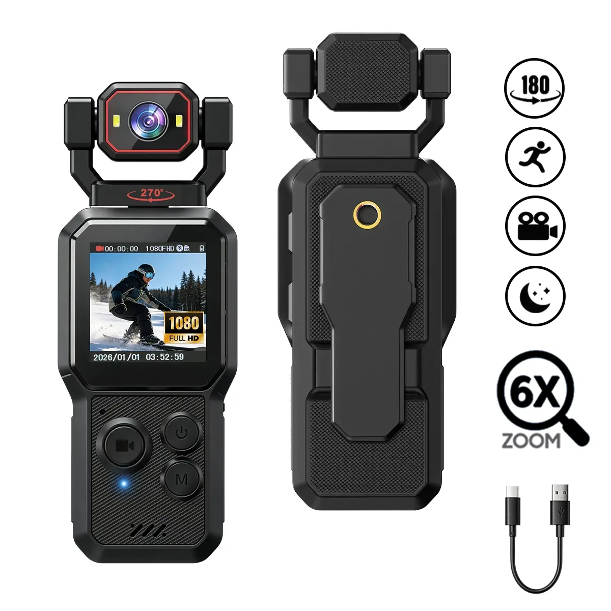 Pocket Vlogging Camera, Mini Body Camera with 1080P HD Video Recording, 6X Digital Zoom, WiFi Connection, Clip-On POV Action Camera with Wide Angle Lens & Motion Detection for Travel, Outdoor Adventure, Sports and Daily Recording, Vlogging Camera Recorder