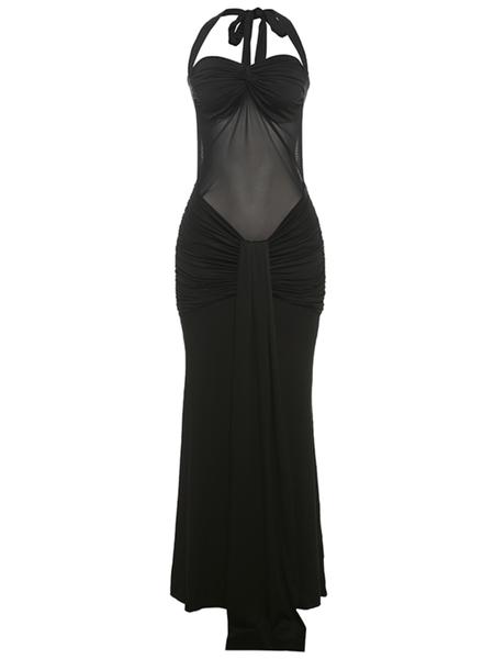 Elegant Women's Halter Neck Tie Back Sheer Mesh Dress, Sexy Long Flowy Gown, Fashionable Plain Color Evening Wear
