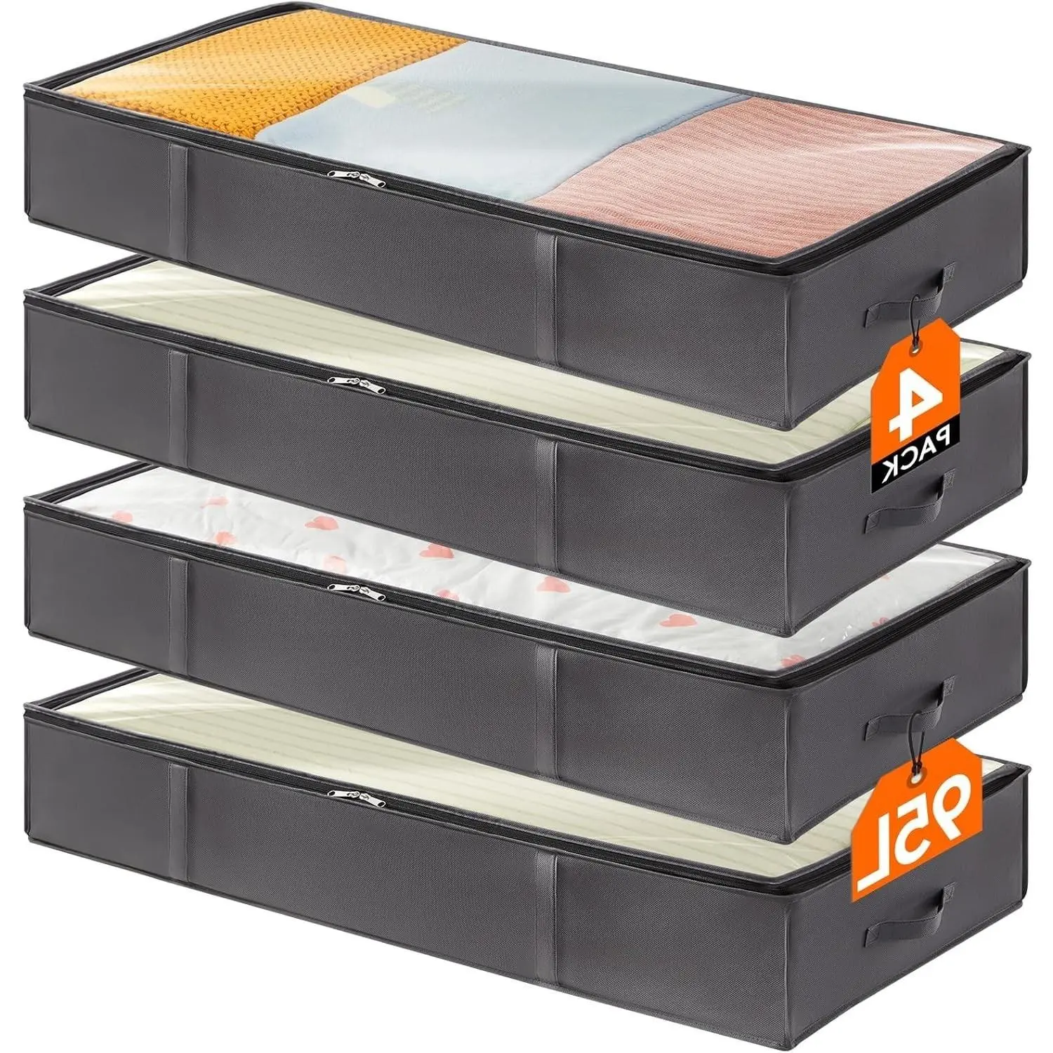 95L 4 Pack Under Bed Storage Containers, Large Capacity Blanket Storage Bags with Reinforced Handles, Organization and Storage for Comforters, Sheets, Clothes, Bedroom, College Dorm, GreyGift