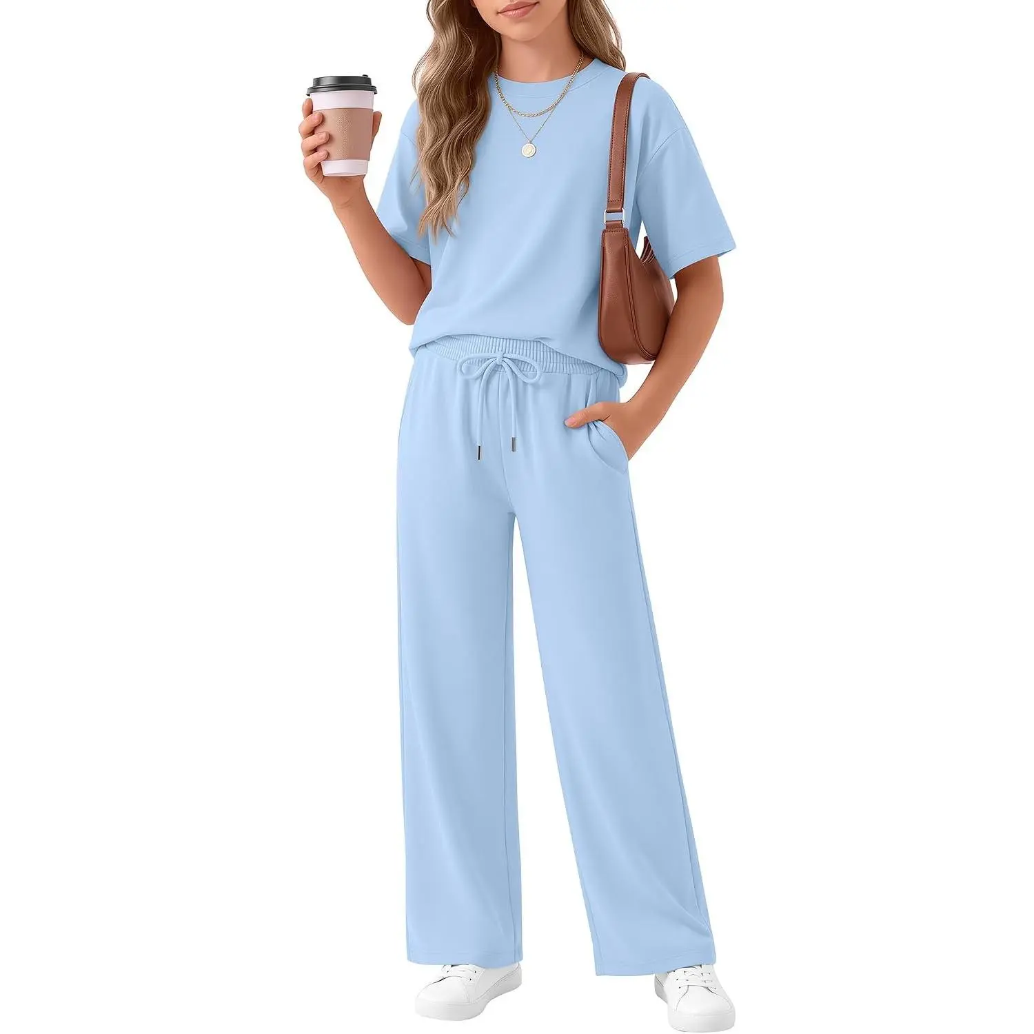 Girls' 2-Piece Outfit Set - Short Sleeve Crewneck Top, Drawstring Waist Wide Leg Pants with Pocket - Back to School Clothes