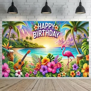 Summer Hawaii Beach Birthday Backdrop Party Background Cloth, Tropical Flamingo Tapestry Wall Hanging Photography Background Premium Polyester Fabric, Beach Party Decor, Celebration Event Setup, Photo Studio Prop, Vacation Theme Background