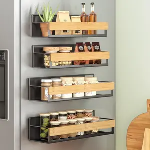 Magnetic Bamboo Spice Rack for Refrigerator, 4 Pack, 2 Large and 2 Small Kitchen Magnetic Shelves for Washing Machine, Spice Organizers, No Drilling Needed, Ink Black UKCS062BH01