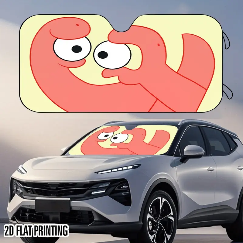 Universal Foldable Car Windshield Sun Shade, Cream Background Cartoon Pink Snake Staring Funny Face Print, UV Heat Block Playful Animal Graphic Car Sun Visor, Foldable Portable Cute Illustration Sunshade With Free Suction Cups