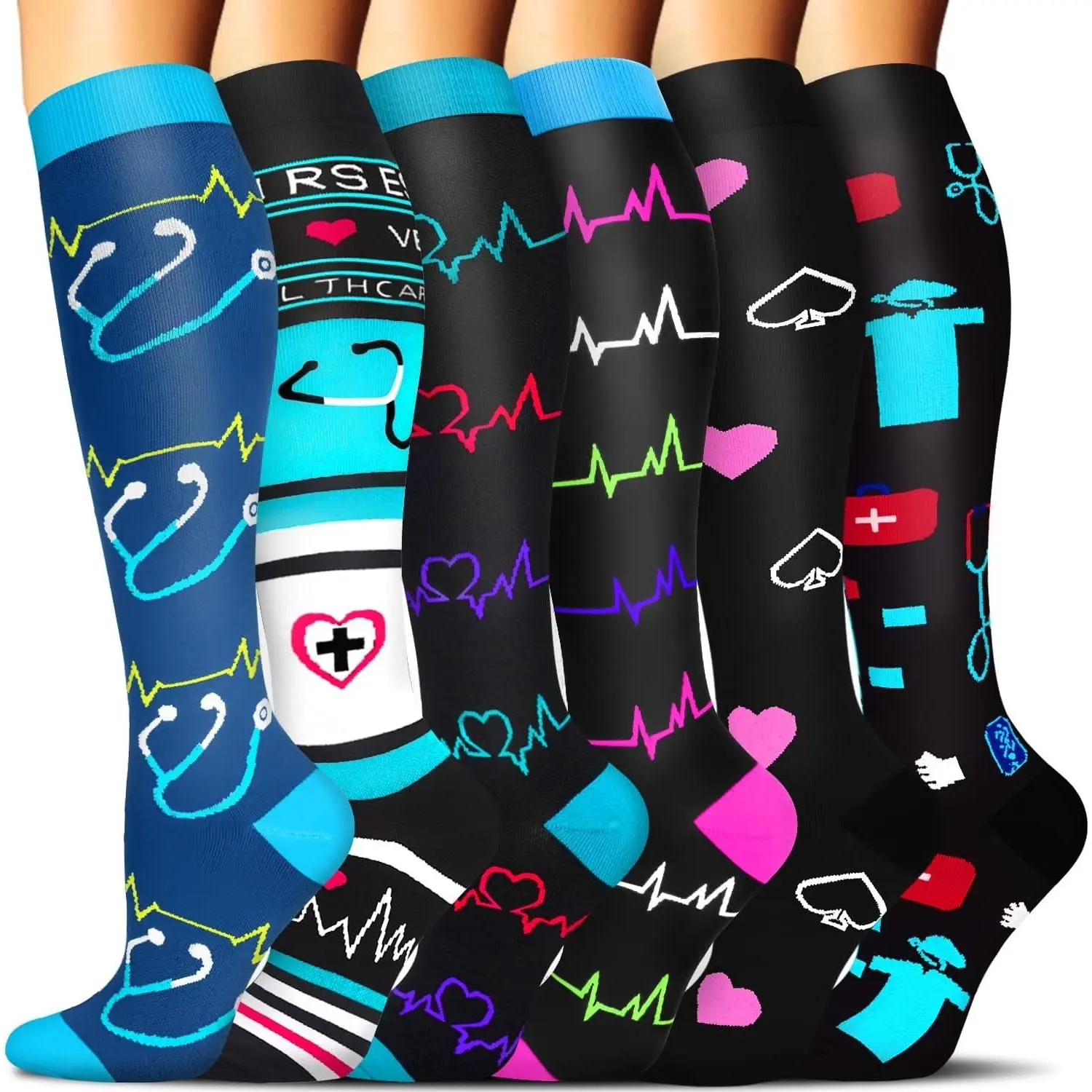 Compression Socks for Women & Men 6 Pairs Best Supportive Knee High Stockings for Circulation, Travel, Nurses