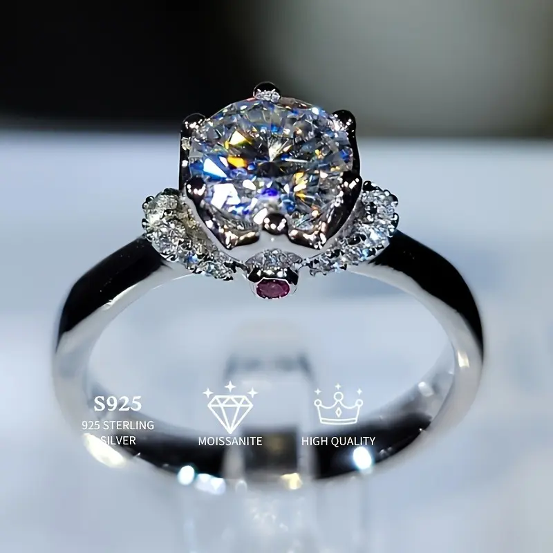 S925 Sterling Silver Moissanite Engagement Ring Sparkling Crown Setting Brilliant Round Cut Solitaire Ring with Pink Accent Gemstone Anniversary Wedding Jewelry Gift for Women
