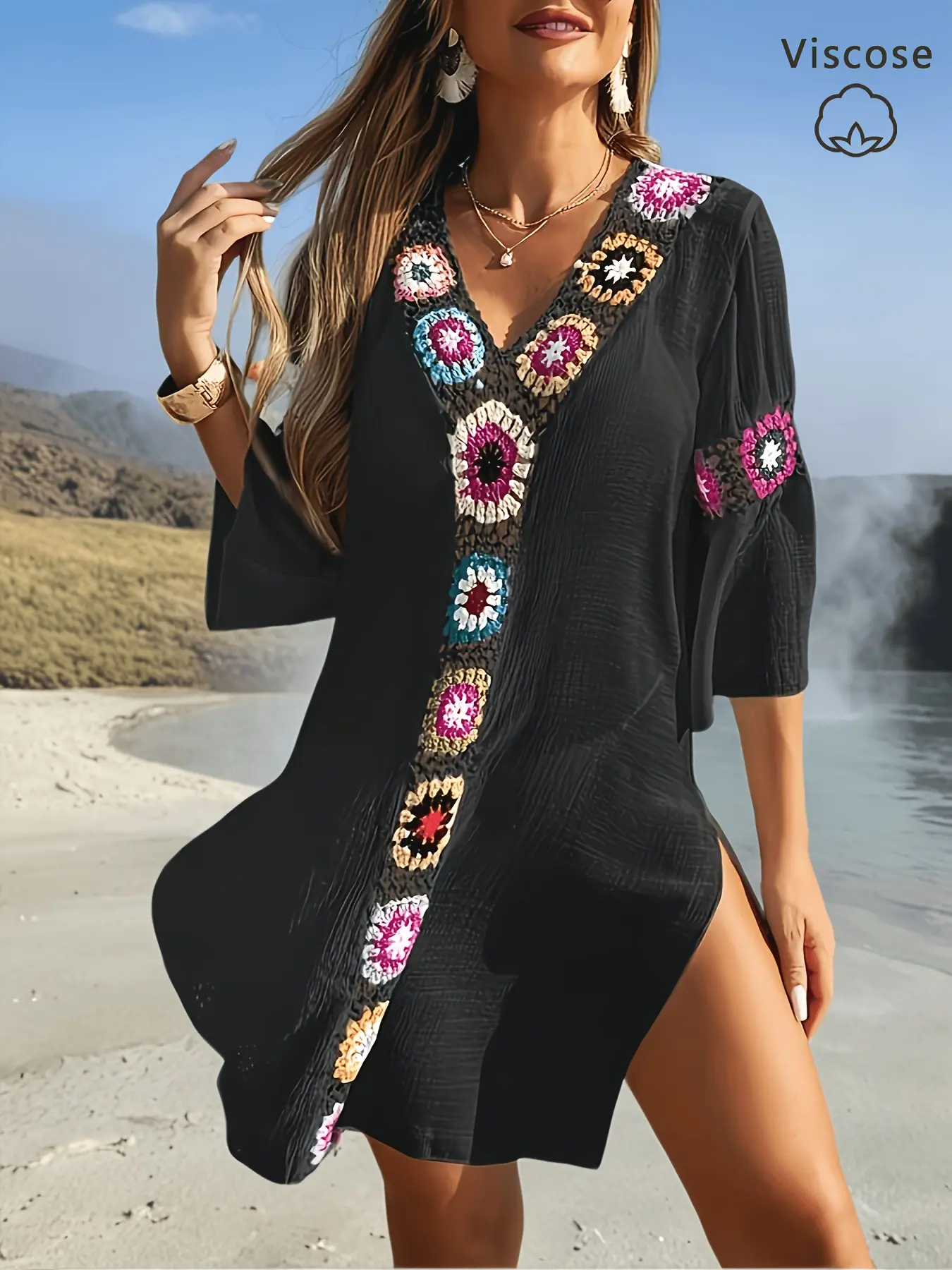 Women's Beach Resort Style V-Neck Hand-Crocheted Patchwork Design Lightweight and Flowing Casual Fashion Wrap Dress
