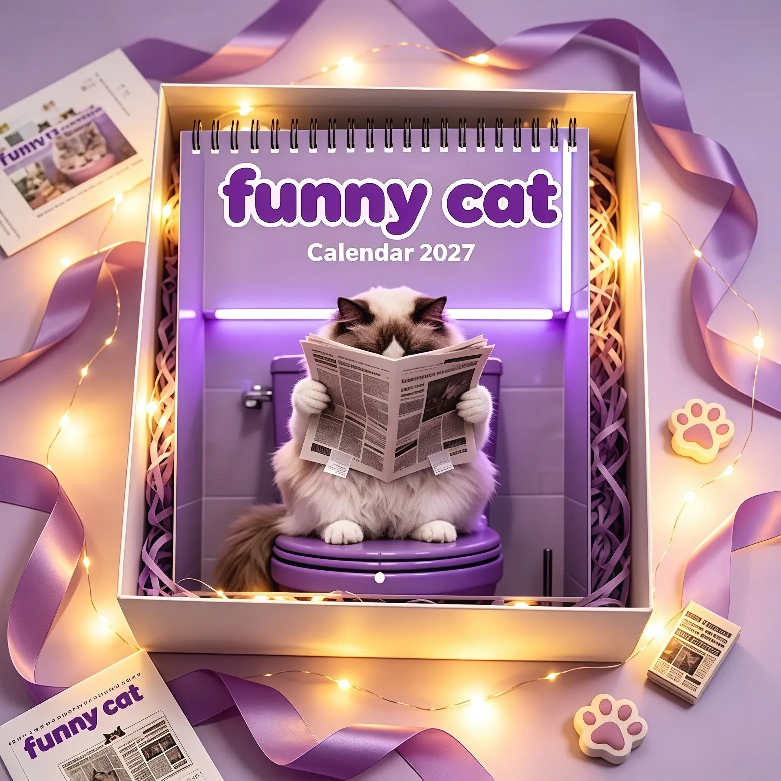 Funny Cat Calendar 2027, 12 Months Wall Hanging Calendar, Humorous Cats On Toilet Reading Newspaper Art Print, Novelty Funny Gift for Cat Lovers, White Elephant & Christmas Gift