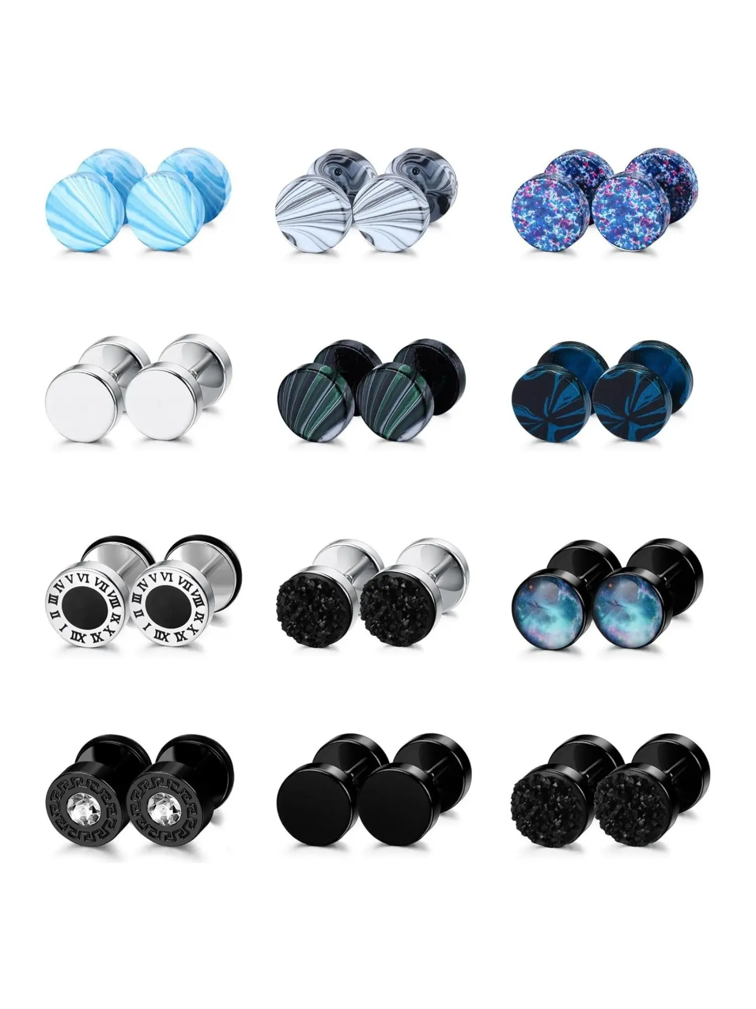 Classic 12 Pairs Colorful Fake Gauge Earrings Fashionable Stainless Steel Stud Earrings for Men Women Cool Faux Gauges Earrings Fake Ear Plugs Gauges Tunnel Jewelry Set Ear Accessories Ear Studs