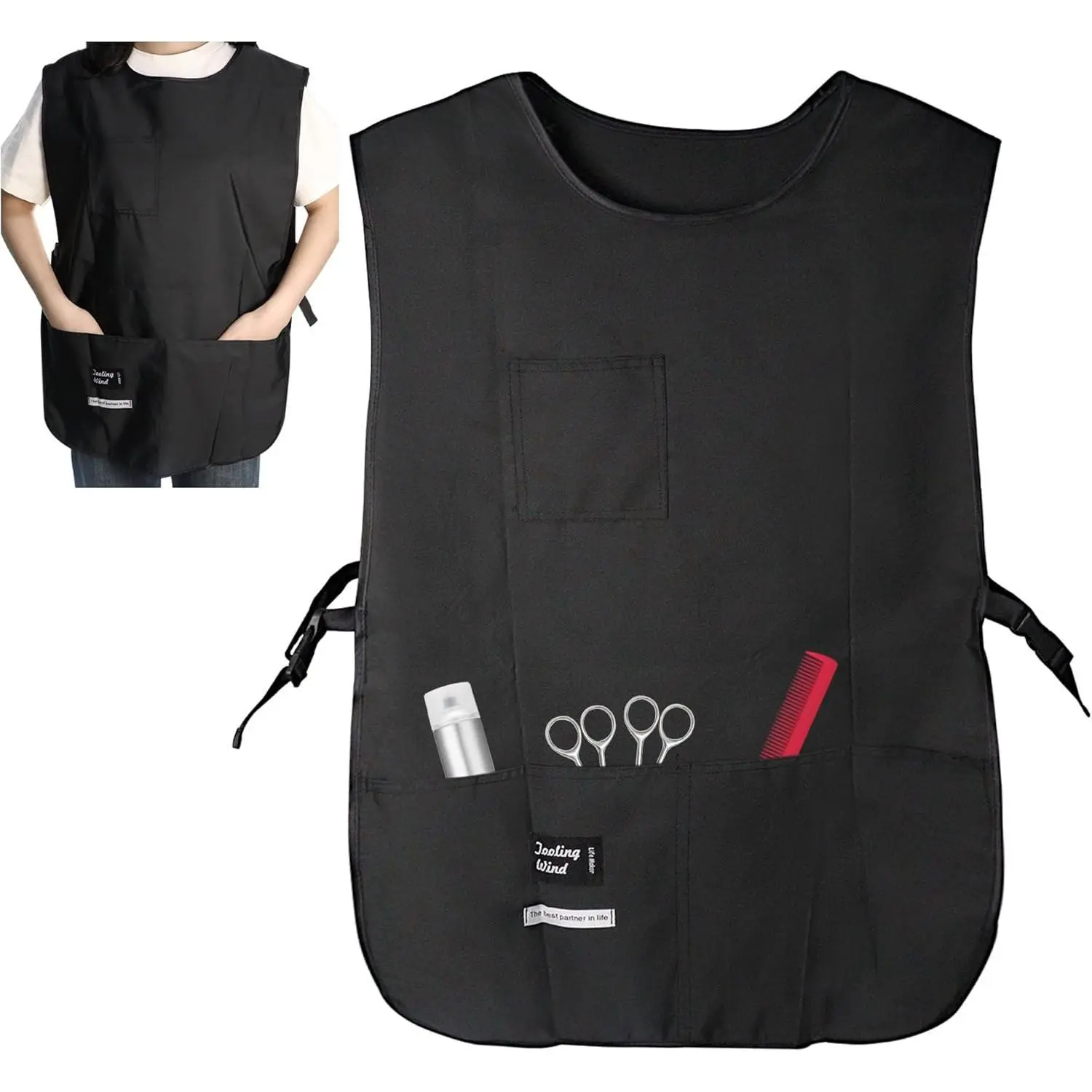 Waterproof Hair Stylist Apron, Cobbler Apron with 4 Pockets, Black Barber Vest for Women Men with Adjustable Buckle