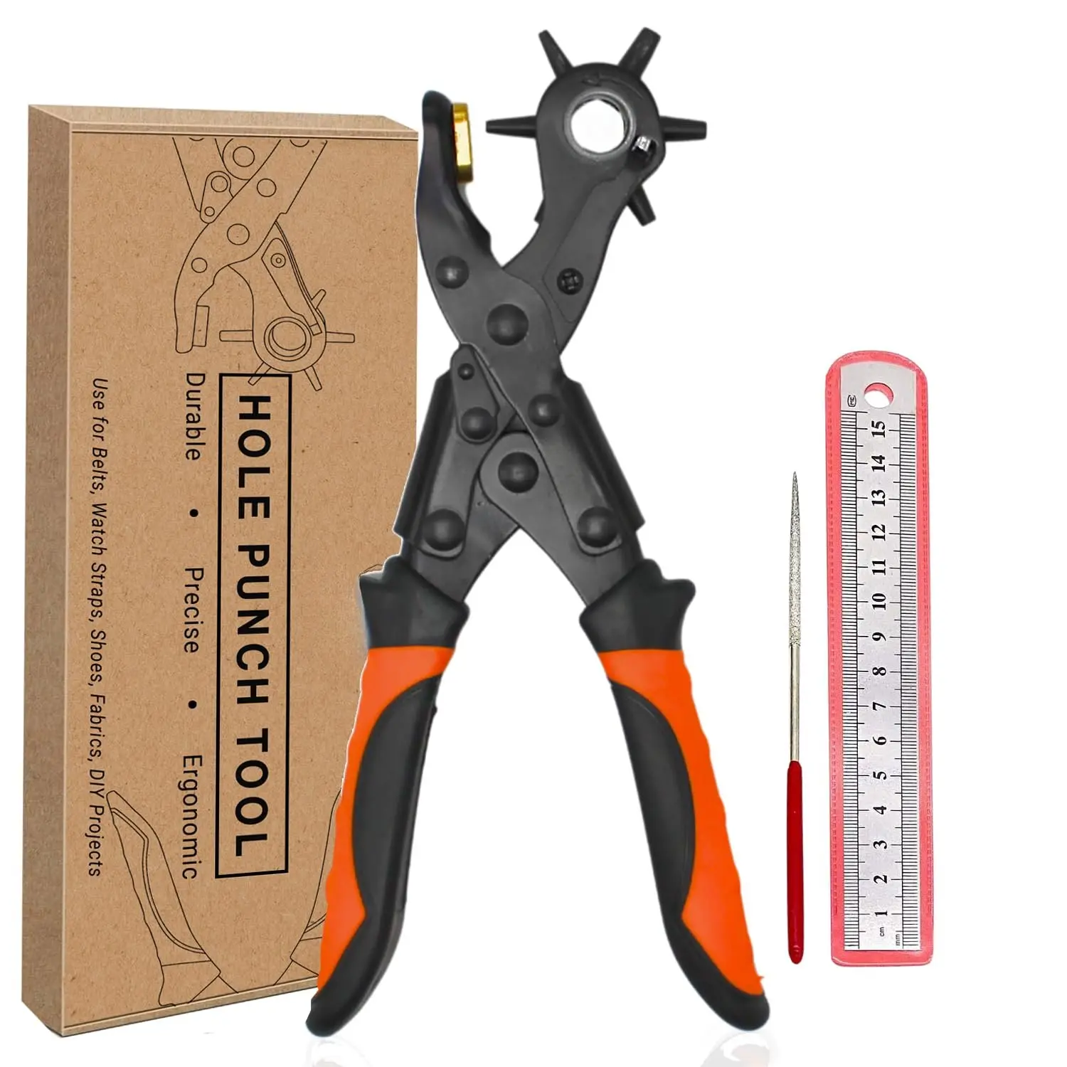 Heavy Duty Quality & Professional Design Revolving Hole Punch Pliers Kit – with Steel Ruler & File, Puncher with 6 Hole Sizes for Belts, Watch Straps, Saddles, Shoes & DIY Crafts