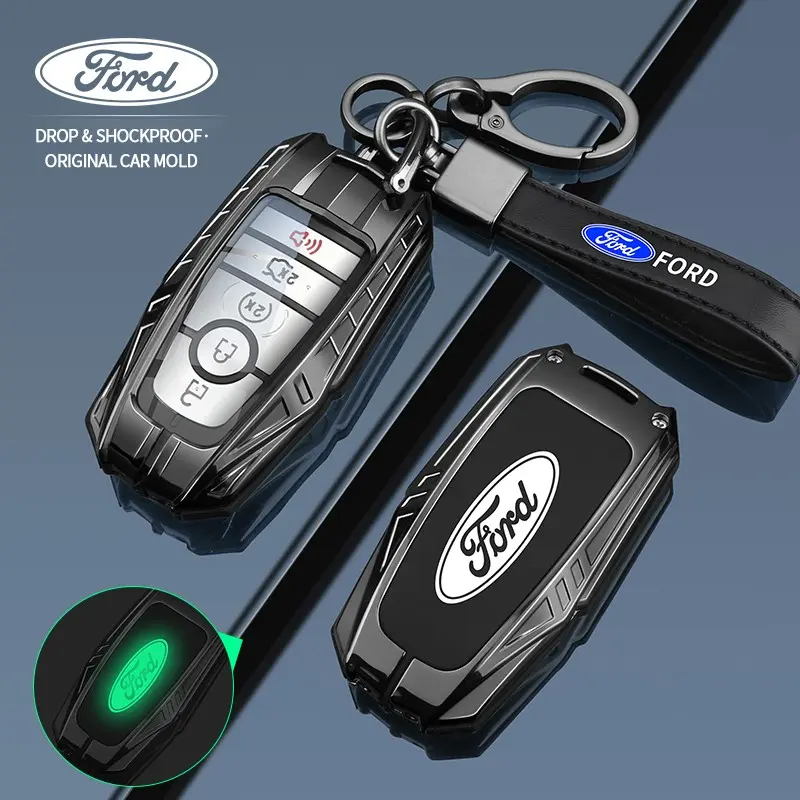 Mecha Shape Zinc Alloy Leather Car Key Cover,For Ford Explorer Edge Escape Focus Taurus Fusion Mustang Ranger F-150 F-250 Maverick C-Max Transit Expedition Bronco Sport Mondeo accesorios para llavero funda llave Anti-Scratch Anti-Impact