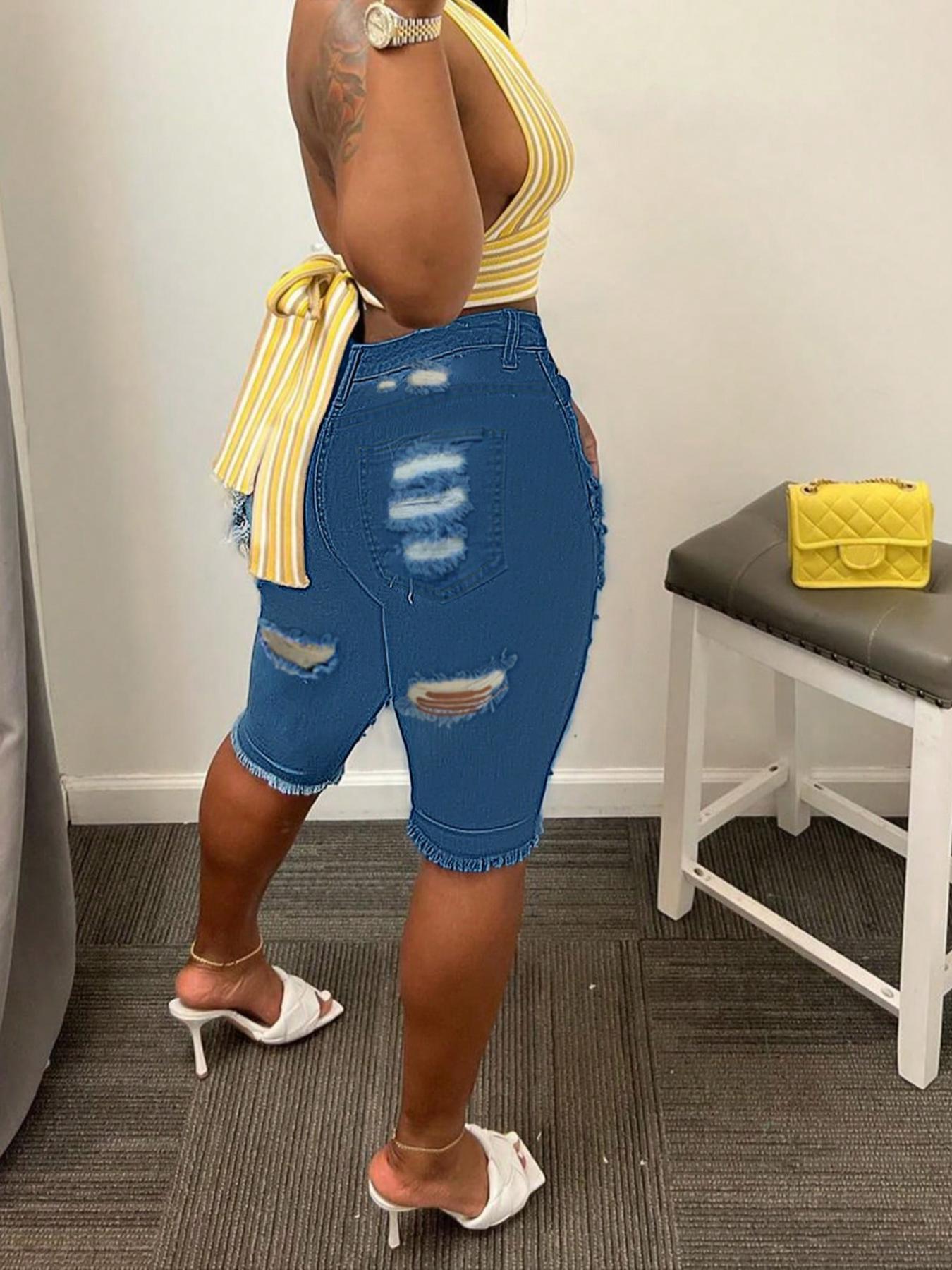 Women's Ripped Button Fly Denim Shorts, Casual Comfy Skinny Shorts for Daily Wear, Ladies Bottoms for Summer, Womenswear