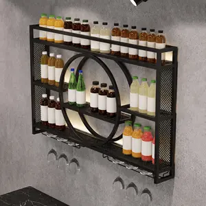 Metal Wine Rack Wall Mounted with LED Light, Modern 3-Tier Glass Holder and Stemware Shelves for Kitchen, Bar, Dining Room