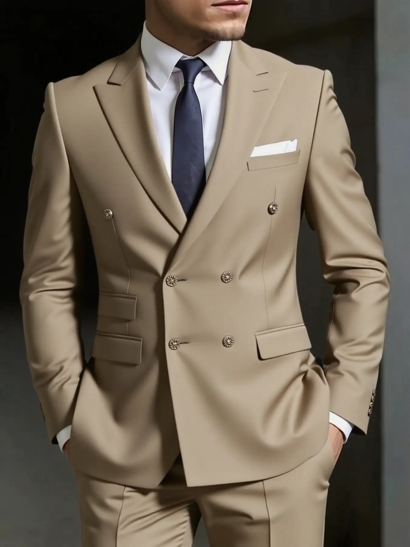 Modern Business Men's Suit Set Double Breasted Peak Lapel Solid Elegant Office Party Wedding