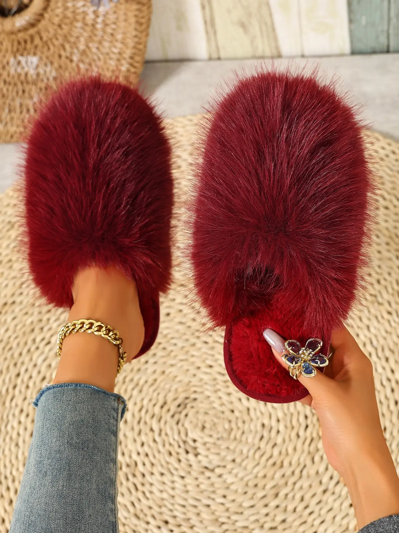 Women's Casual Velvet Slippers, Wine Long Hair Open-Toe Cotton Slippers, Soft Shock-Absorbing Sole, Fall Winter Home Shoes, Soft Cushioned Slippers, Indoor Slippers