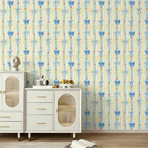 Seamless Loop Wall Sticker, Watercolor Hand-Drawn Blue Bow Print, Removable PVC Wallpaper, Home Decor, Covers Cracks, Bedroom, Restaurant