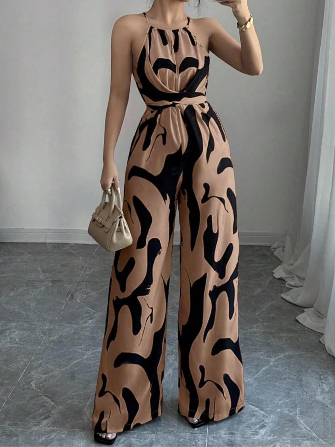 Women's Elegant Abstract Bodycon Jumpsuit, Sleeveless Summer, Fitted Style for Parties & Formal Events, Moderate Fabric Thickness