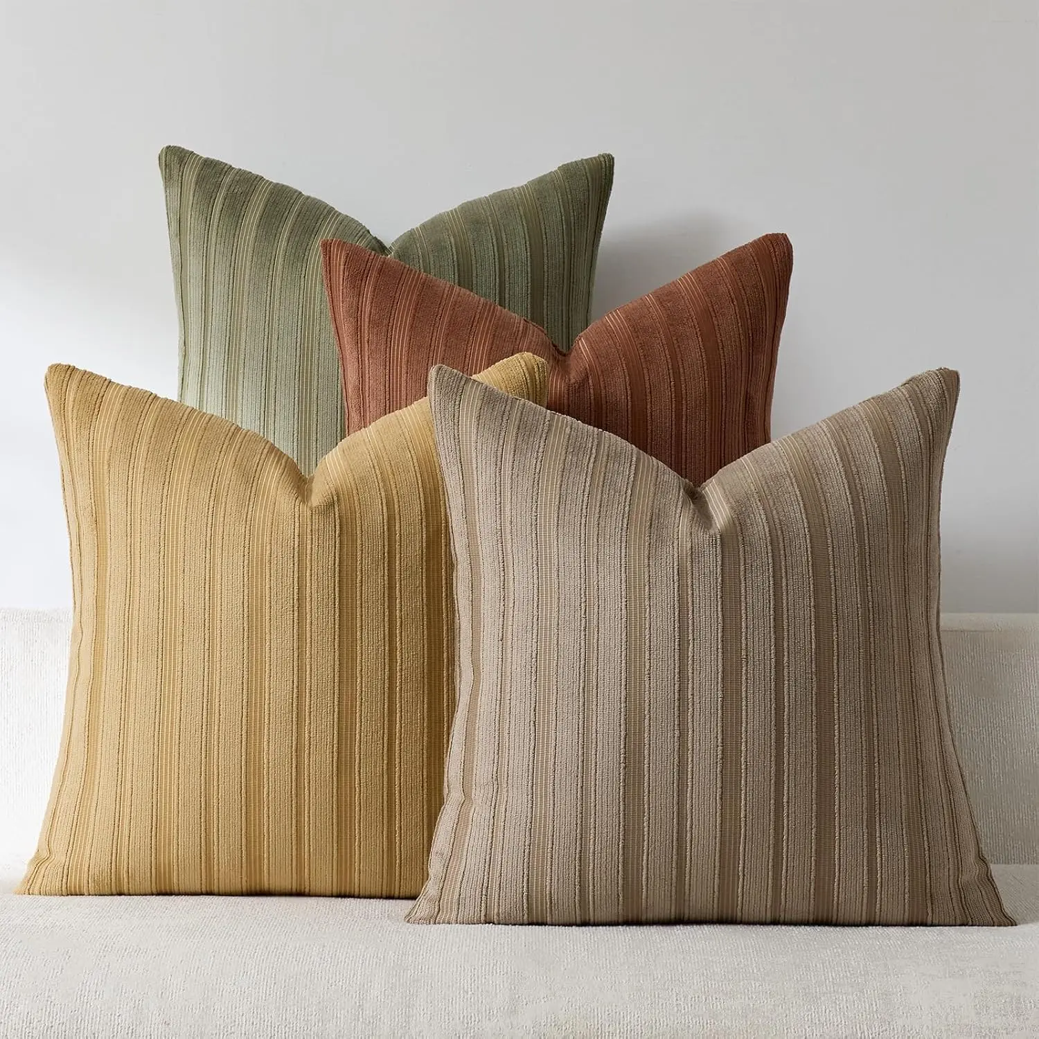 Set of 4 18x18 Yellow Olive Green Throw Pillow Covers Soft Striped Corduroy Spring Summer Outdoor Square Decorative Pillow Cases for Couch Sofa Bedroom Living Room  Decor
