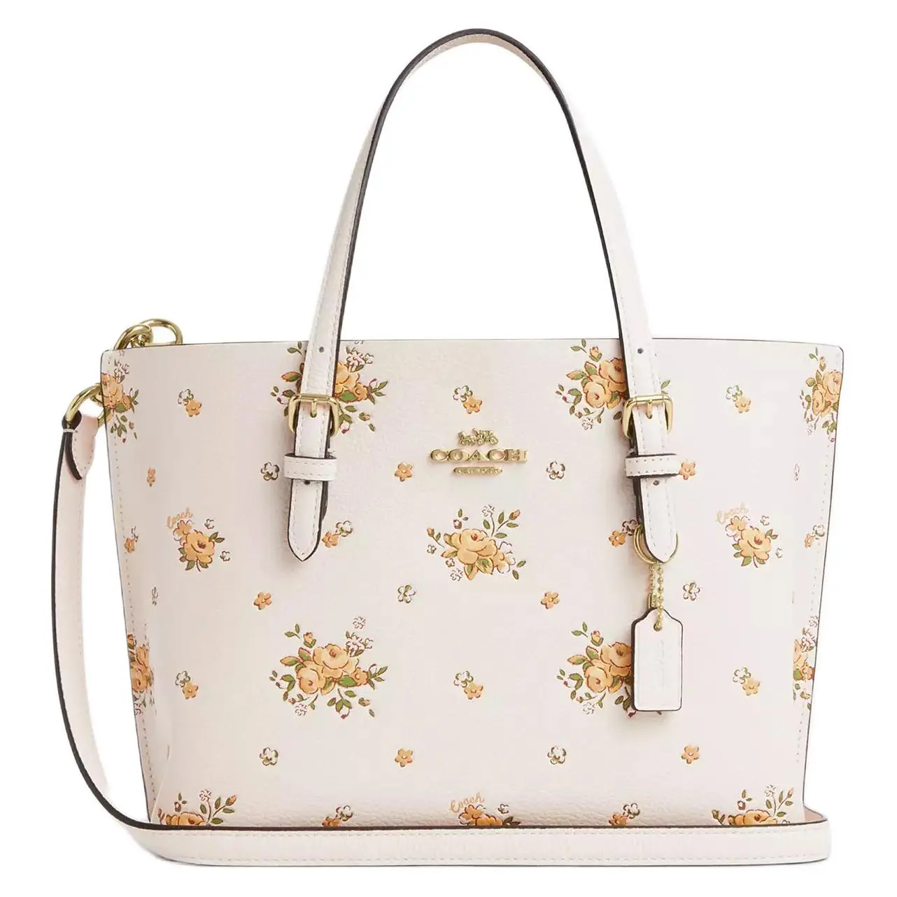 COACH Mollie 25 Floral Print Pebbled Leather Tote Bag for Women, Medium Size, White
