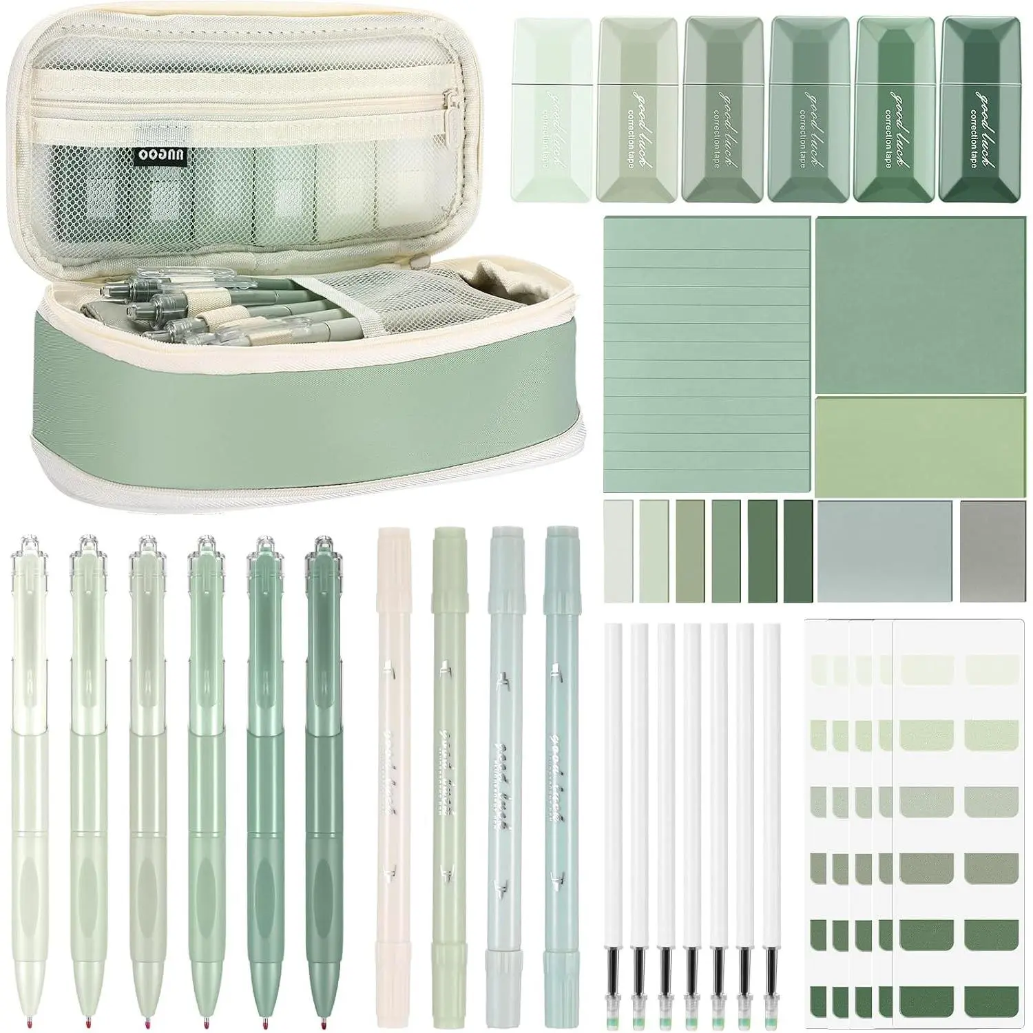 38pcs Aesthetic Office Supplies Kit, Green Color, Classic Stationery Kit, Gel Pens Sticky Notes Highlighters Correction Tapes, Mesh Organizer Case, Office Work Desk, Back to School