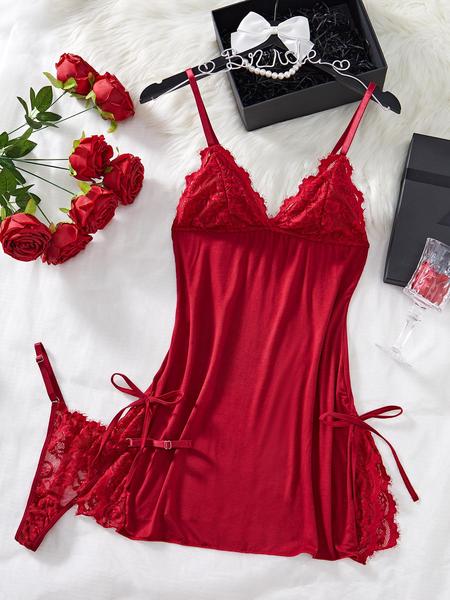 Women's Bow Decor Contrast Lace Cami Nightdress & Thong Set, Comfy Sexy Lingerie for All Seasons, Fashion Ladies Sleepwear & Homewear