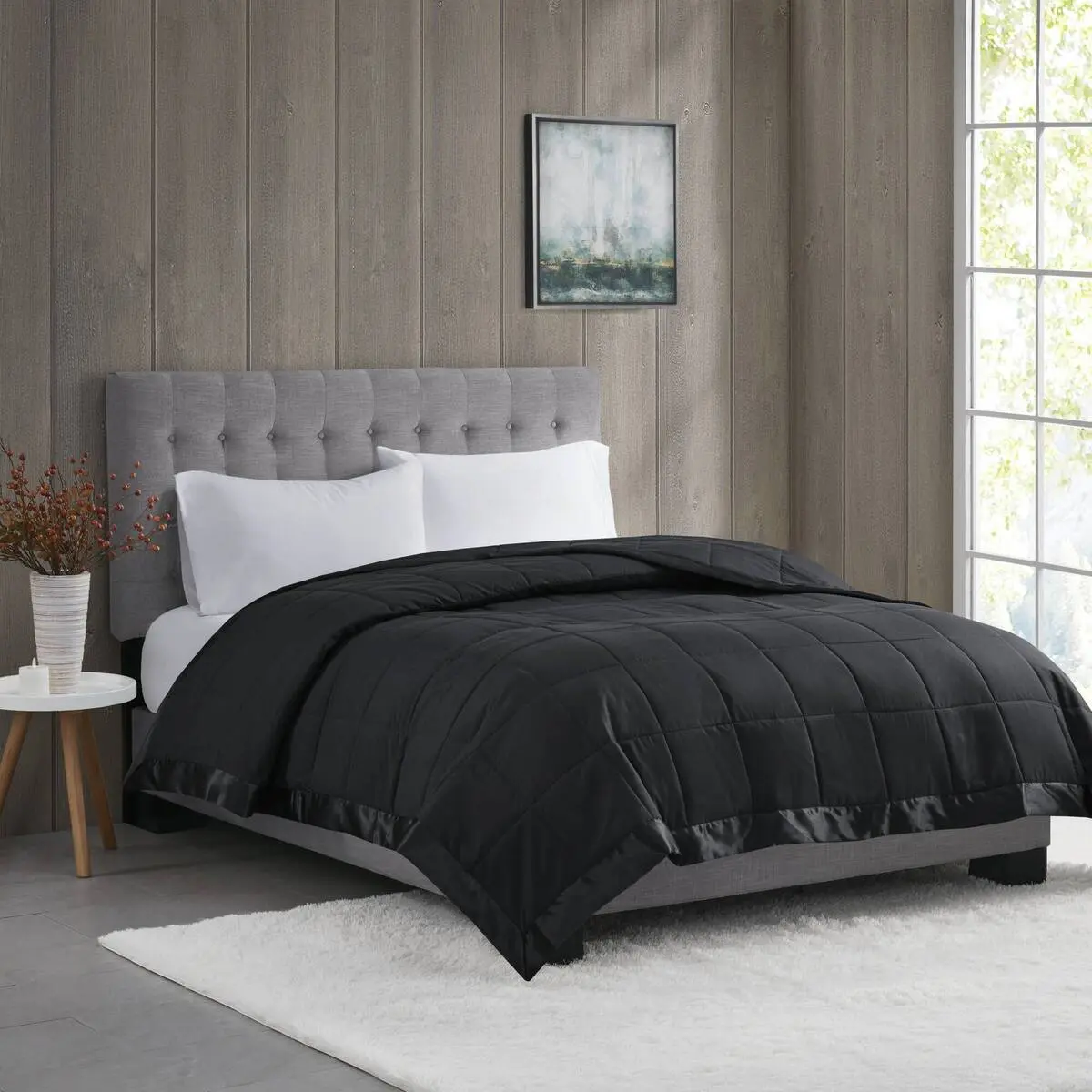 Nokaa Lightweight Down Alternative Blanket with Satin Trim, Full/Queen Size, Black – Hypoallergenic Quilted Bedding for All Seasons, Breathable, Machine Washable, Oeko-Tex Certified
