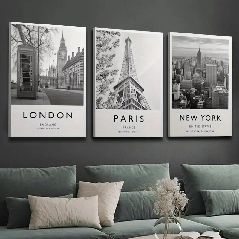 3-piece set of London, New York, Paris posters, fashionable travel print canvas art decoration, suitable for corridor wall decoration, travel gift