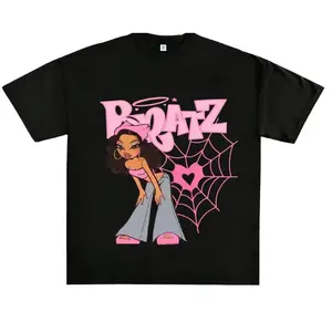 Bratz Cartoon Girl Pink Heart Spiderweb Y2K Graphic White Unisex Casual Crew Neck T-Shirt