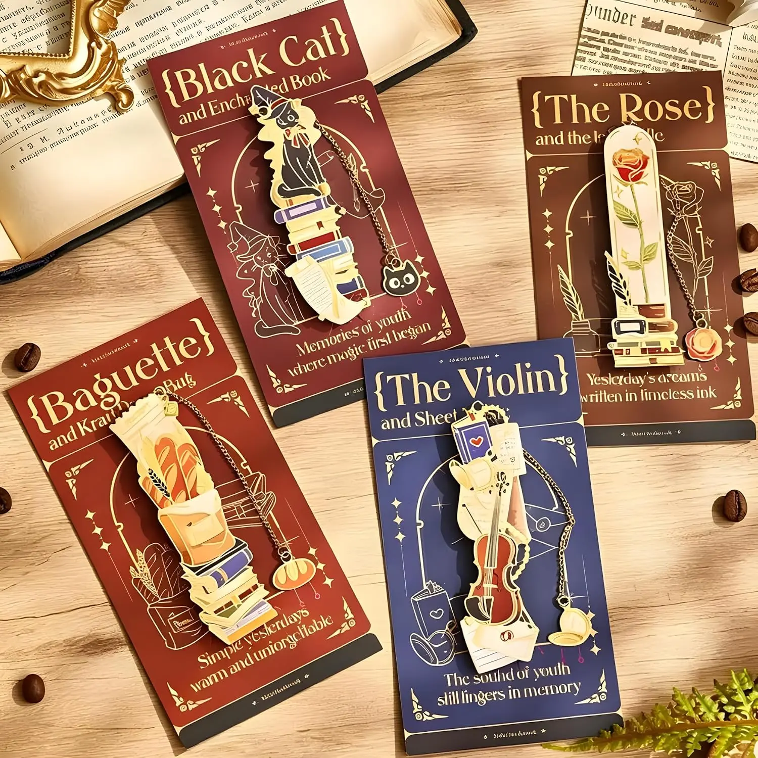 4 count  Metal Bookmarks with Decorative Chain, Artistic Literary Bookmarks Featuring , Rose, Violin & Bread Designs, Elegant Book Marks Gifts for Writers and Book Lovers