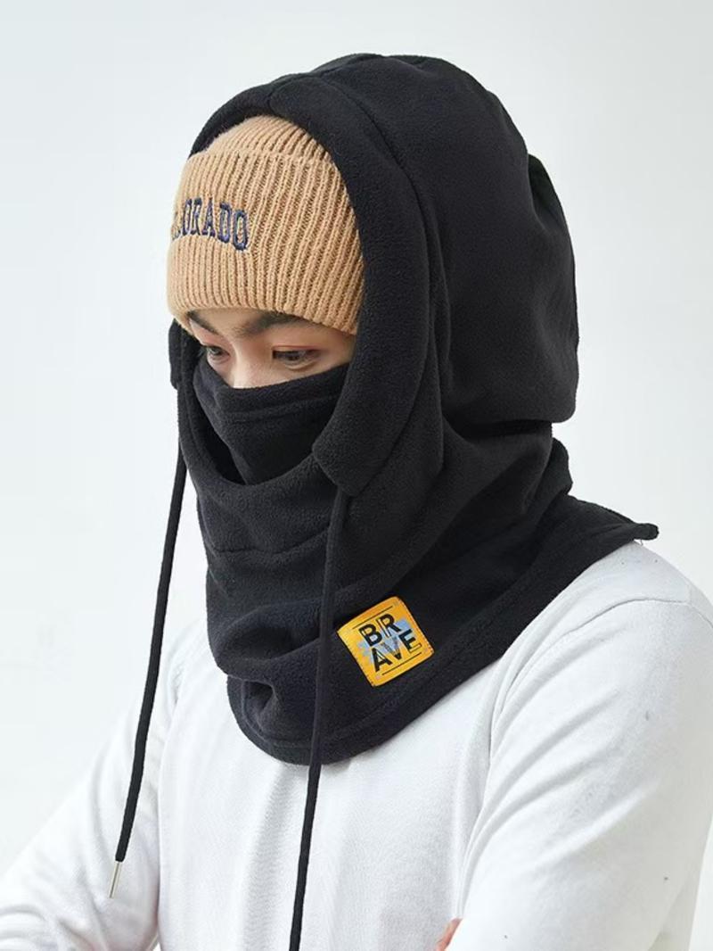 Unisex Solid Color Drawstring Design Hooded Hat Casual Windproof Warm Hat for Fall & Winter Fashion Accessories for Men & Women Machine Washable