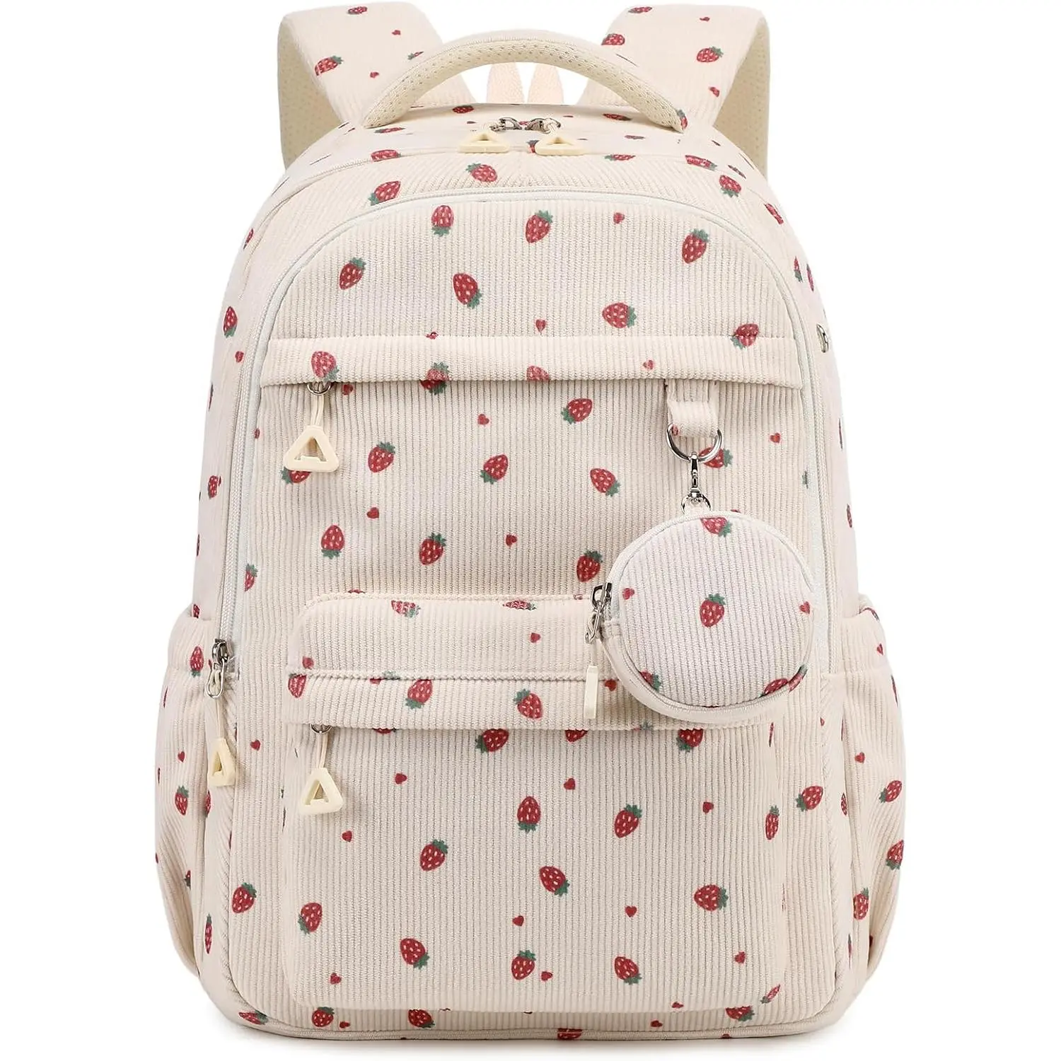 School Backpack for Girls, Corduroy Girls Backpack for Teens , Lightweight Laptop Bookbag for Middle High School Elementary, Cute Large Capacity Multi-Pocket School Bookbag, Cream Strawberry
