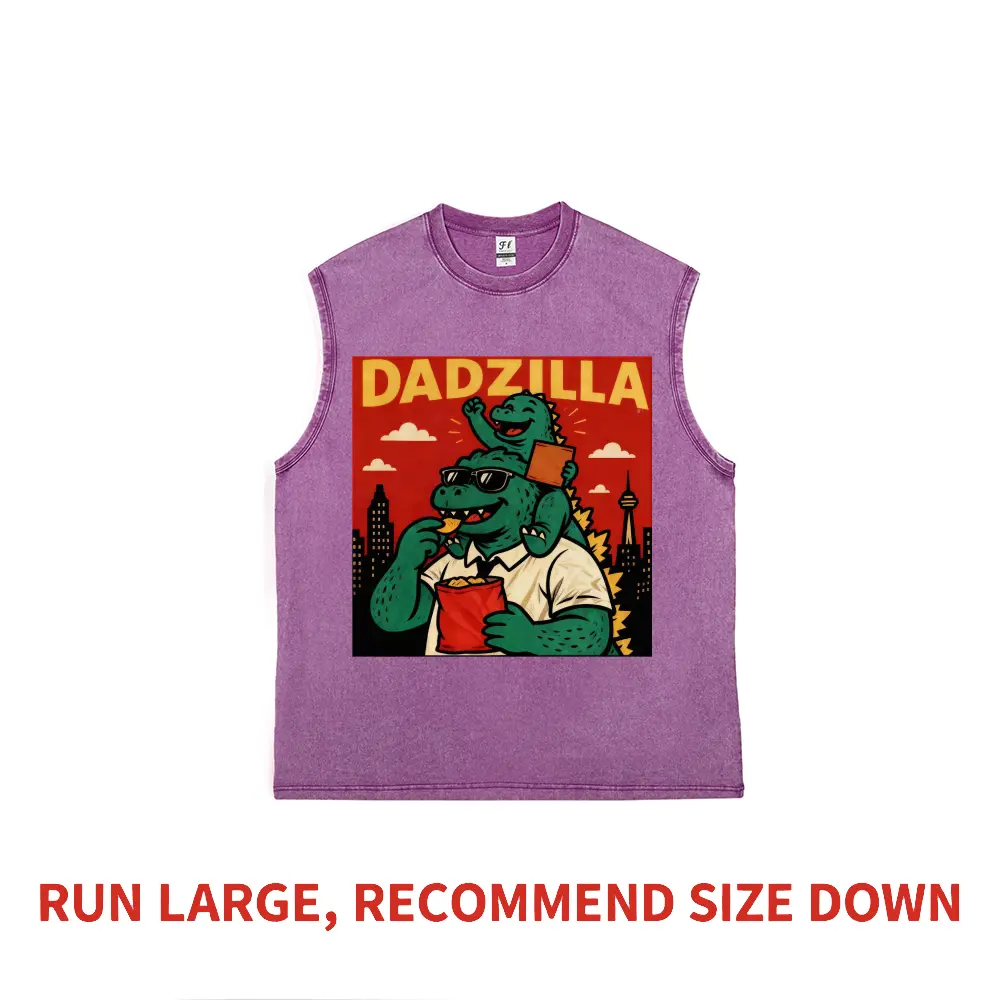 Men's Dadzilla Funny Kaiju Graphic Tank Top - Heavyweight Pure Cotton, Retro Vintage Washed, Extremely Oversized Boxy Loose Fit, Plush Breathable, Aesthetic Menswear, Affordable Father Gift Casual Top, Natural Fashion, Boxy Fit, Eu Sizing, Loose Boxy