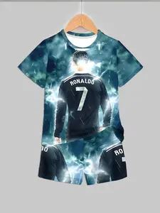 Kids Cristiano Ronaldo No.7 Starry Sky Lightning Print Short Sleeve & Shorts Loungewear Casual Summer Clothing Set