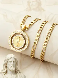 1Piece Jesus Christ Pendant Necklace with Zircon Inlay, Copper Inlaid Zircon, No Cross Binding, Symbolizing Victory and Redemption, Figaro Chain Religious Jewelry for Men Women
