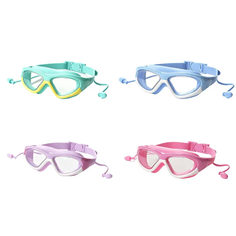 Swimming Lessons Training Kids Goggles, Integrated Ear Plugs UV Protection Waterproof Swim Glasses for Kids, Anti Fog Waterproof Large Frame Swim Glasses, Integrated Ear Plugs Professional Diving Goggles for Boys Girls