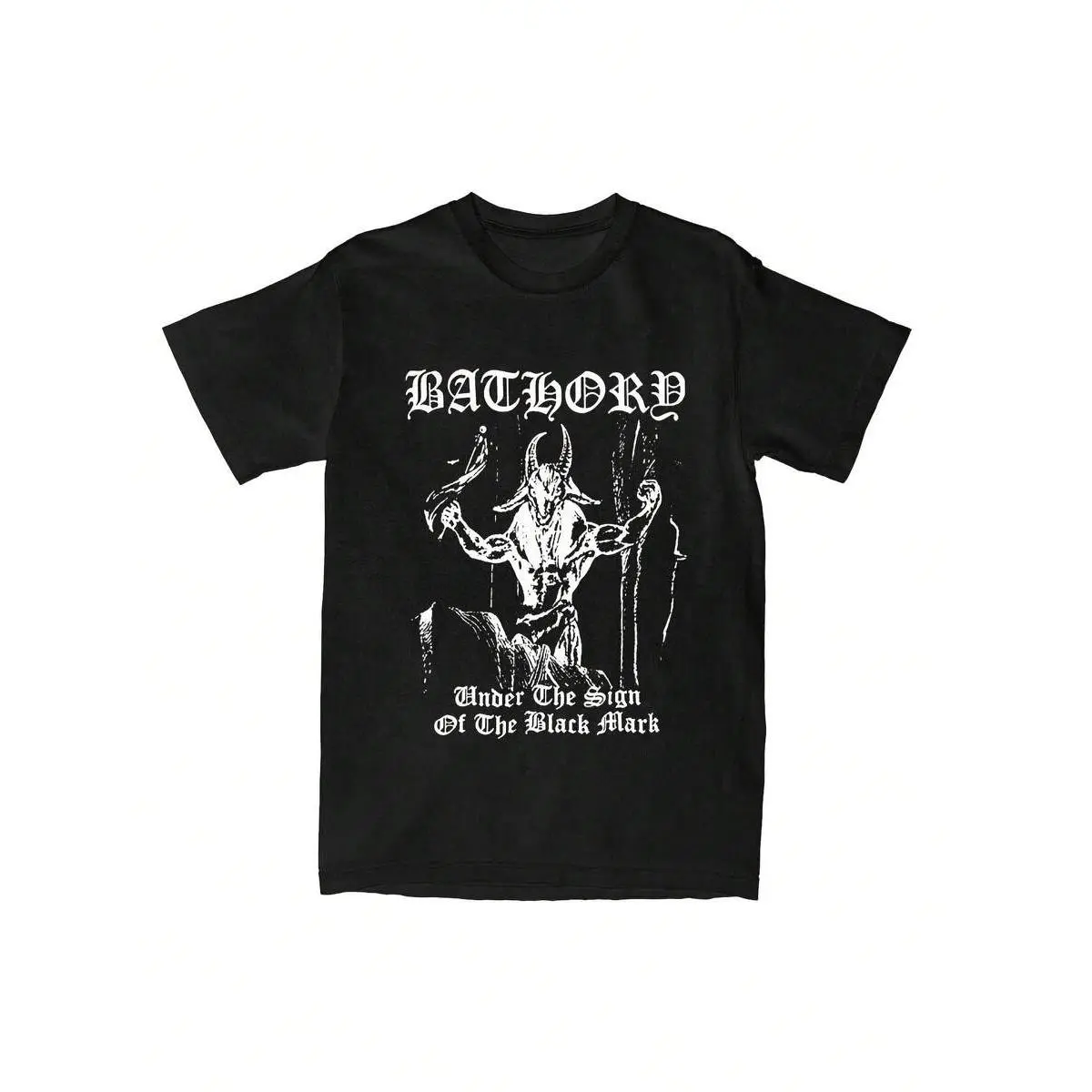 Unisex Bathory Band Printed Skull Graphic T-Shirt - Black Shortleeve Tops, Machine Washable, Unisex Cut, Skull And Crossbones Design, Under The Sign Of The Black Mark Print For Music Enthusiasts, Shortsleeve